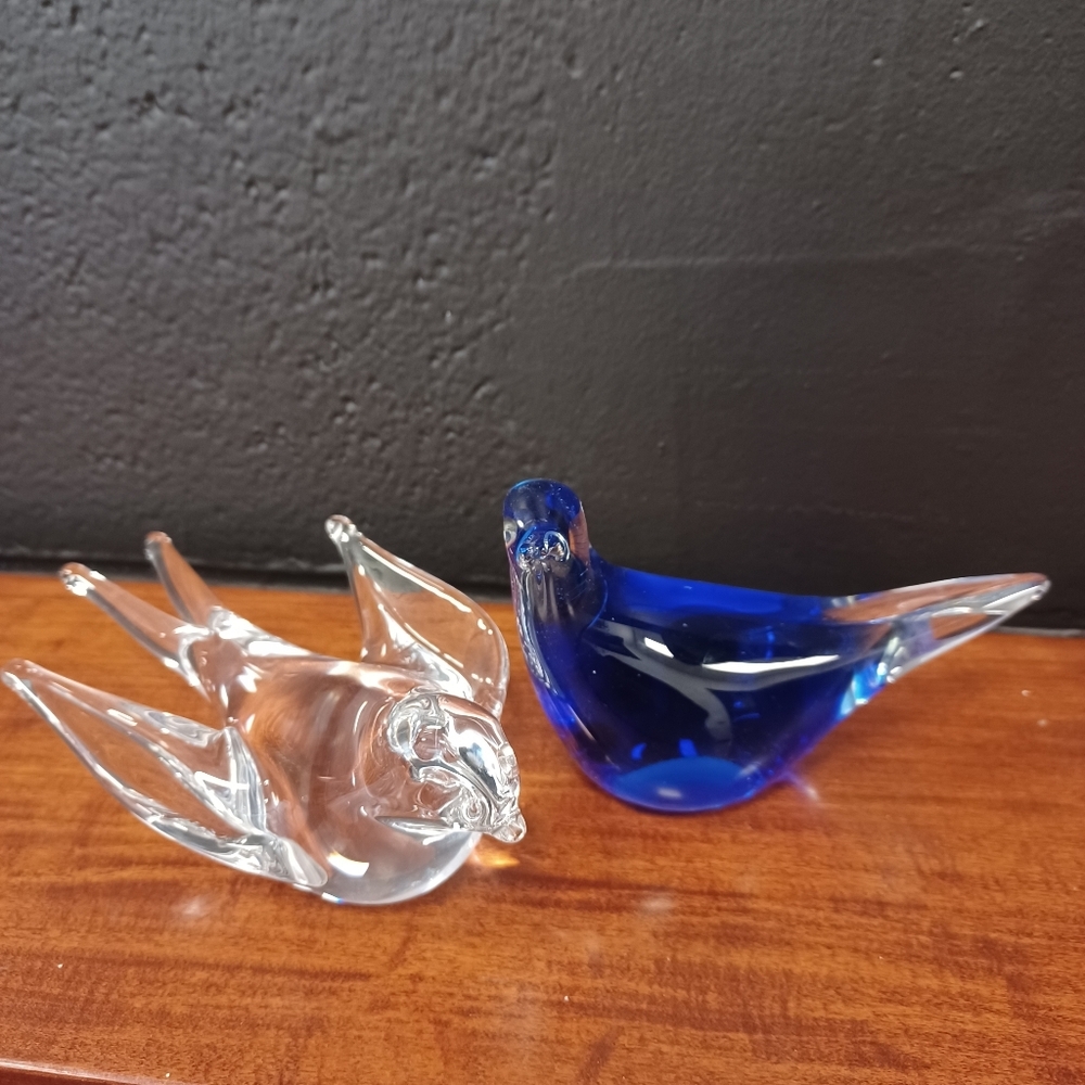 Cobalt Blue & Clear Hand Blown Glass Bird Decoration Paperweight Lot Of 2